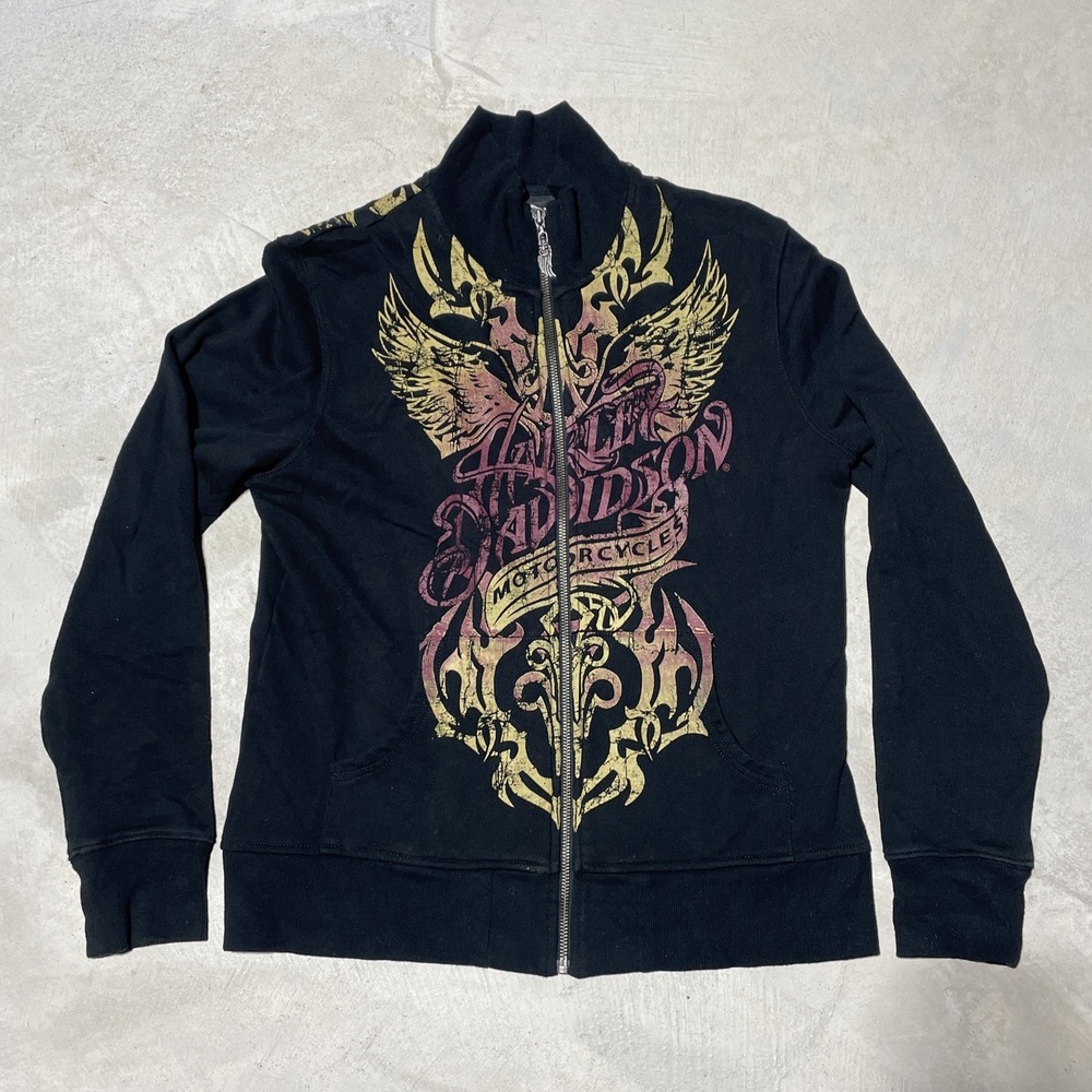 Y2K Harley Davidson Women's SZ L Sweatshirt Black Collar Applique Zip AOP